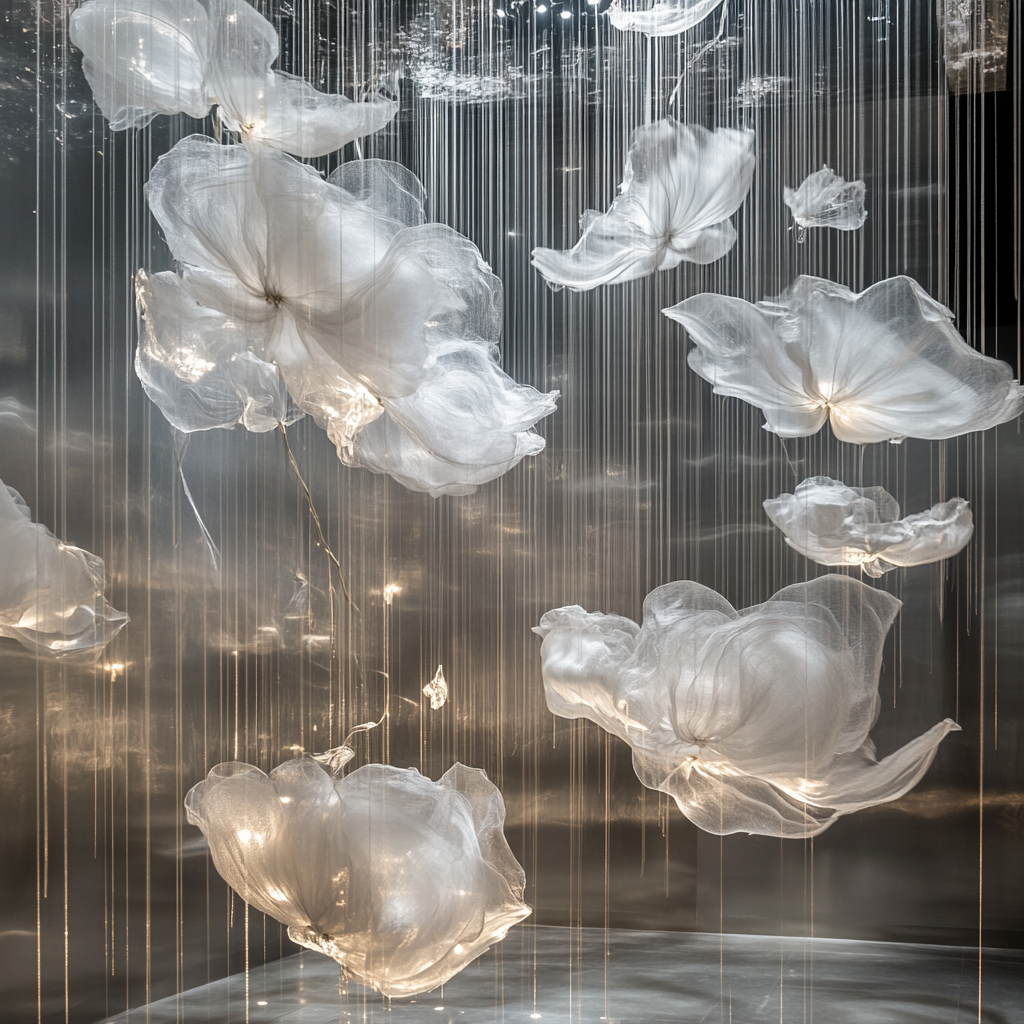 Installation artistique éthérée aux voilages flottants et fleurs suspendues, scénographie immersive par Maison Bouchra