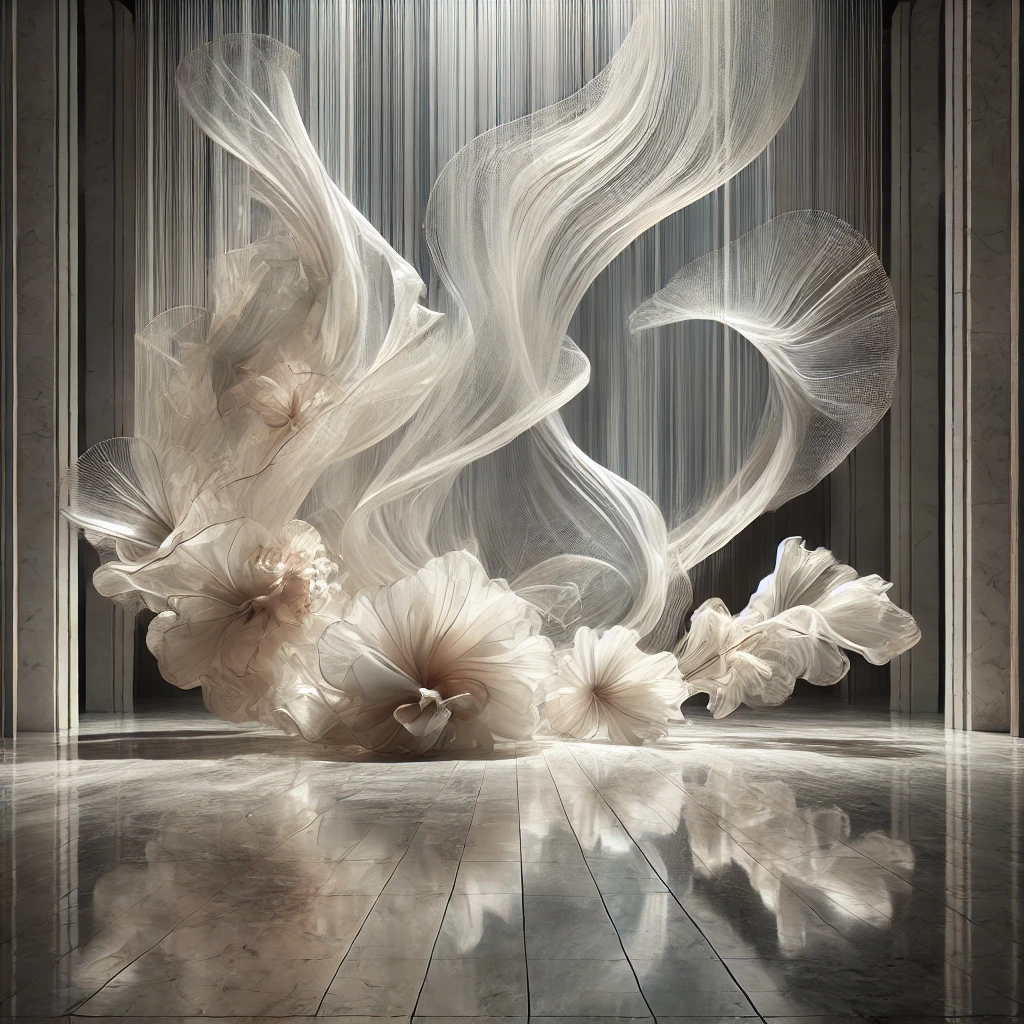 Immersive art installation with floating sail and hanging flowers - Maison Bouchra
