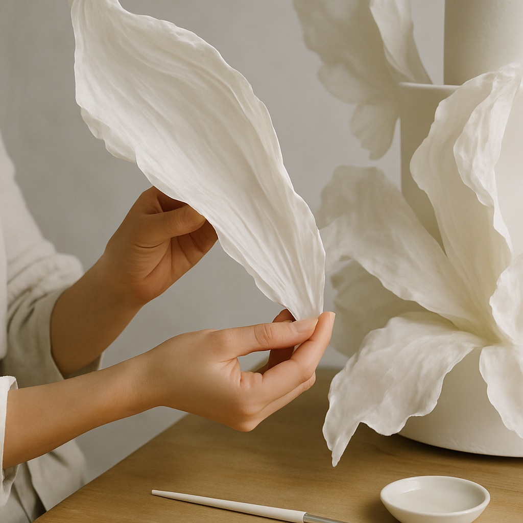 Meticulous gesture shaping a monumental petal, in the intimacy of a haute-creation masterclass - Maison Bouchra