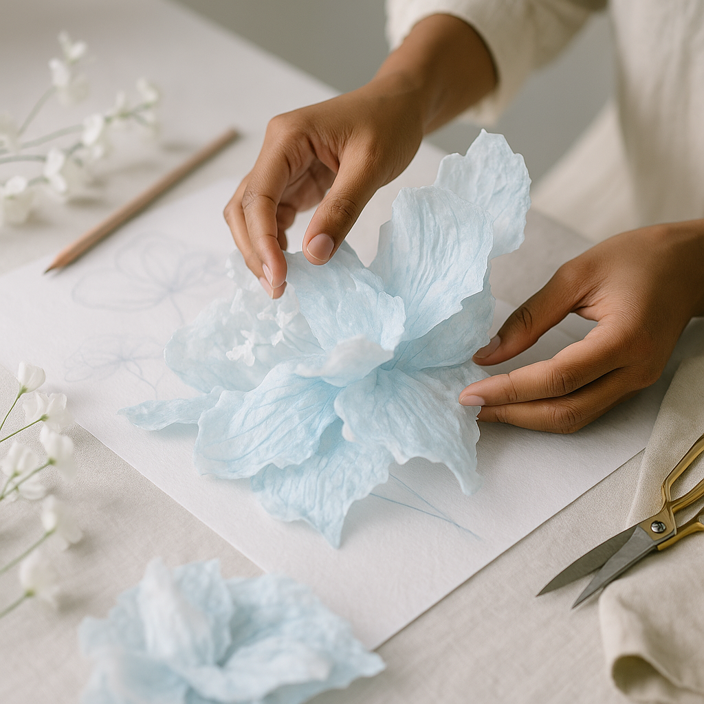A delicate hand shaping an ethereal flower in a sculptural material, at the heart of a moment of sensitive creation - Maison Bouchra