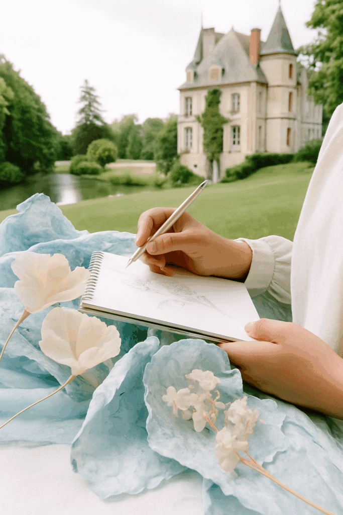 A moment suspended in nature: floral sketch on a notebook, surrounded by light petals - Creative reverie by Maison Bouchra